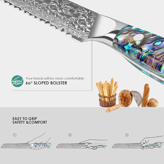 KEENZO Bread Knife,8 inch Multifunction Serrated Knife,Razor Sharp Professional Damascus Steel Cooking Slicer for Homemade Bread, Cake,Full Tang Ergonomic Abalone Shell Resin Handle,Gift Box