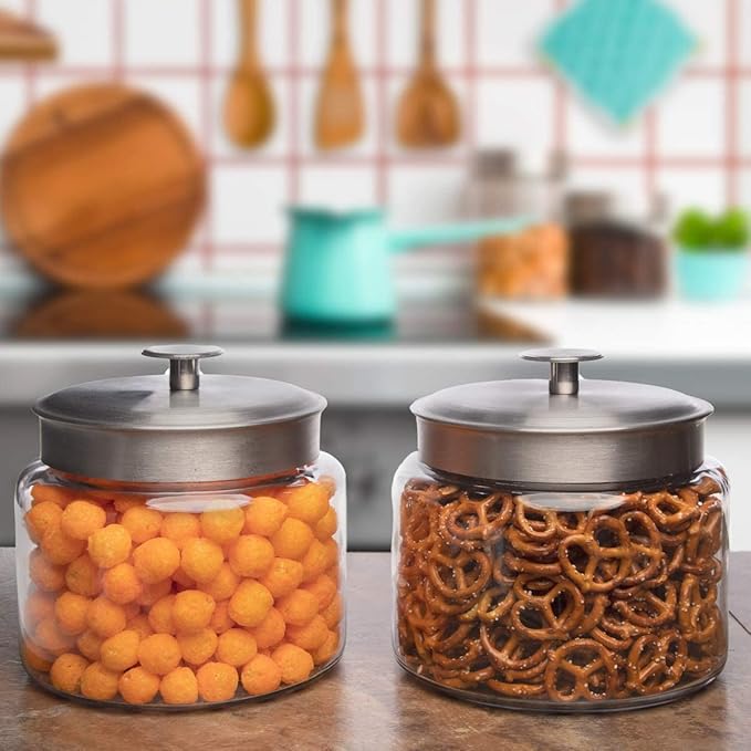 Anchor Hocking Montana Glass Jars with Fresh Sealed Lids, Brushed Metal, 64 oz (Set of 2)