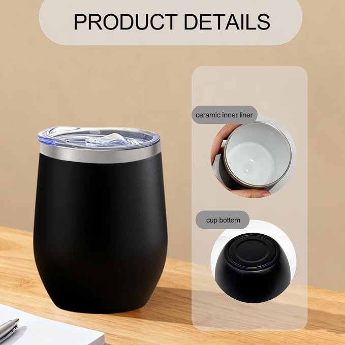 YOUKE OLA 18 Pack Stainless Steel Powder Coated Wine Tumbler with Ceramic Lining, Double-Wall Vacuum Insulated Travel Coffee Mug with Lids for Laser Engrave, DIY Gift, 12oz Black