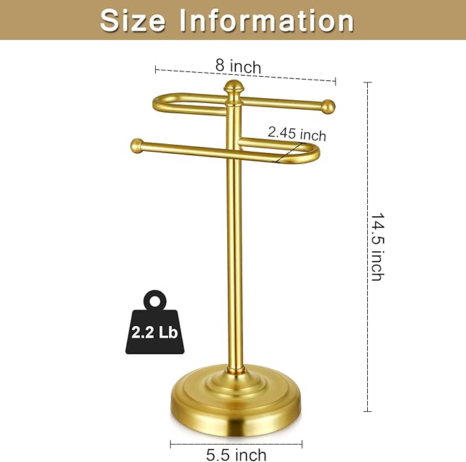 Hand Towel Stand,304 Stainless Steel Hand Towel Holder for Bathroom Kitchen Counter，14.5 Inch S-Shape Weighted Base Standing Hand Towel Rack Bar Holds 2 Towels (Gold)