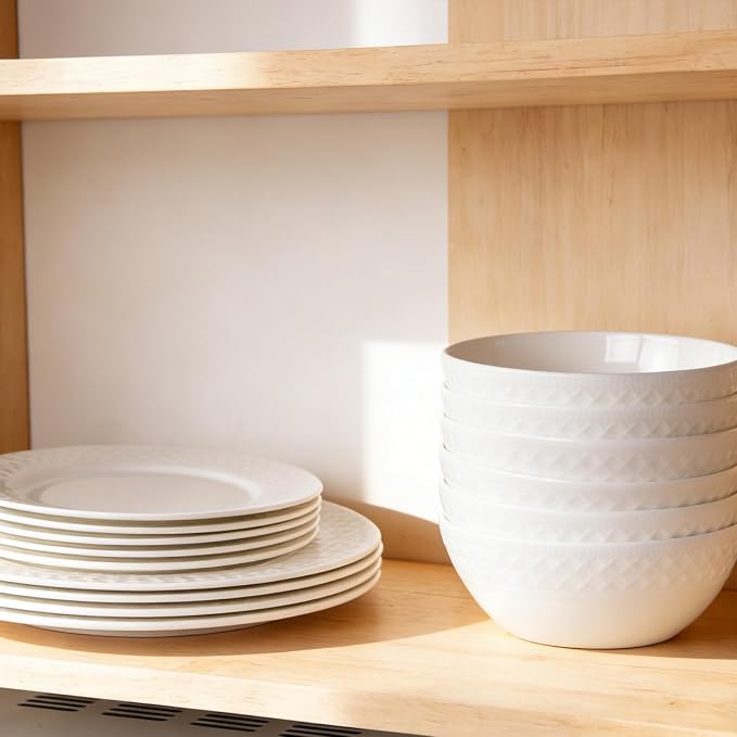 18-Piece Bone China Dinnerware Set for 6, White embossed dinnerware set, Plates and Bowls with Textured Design, Microwave Dishwasher Safe