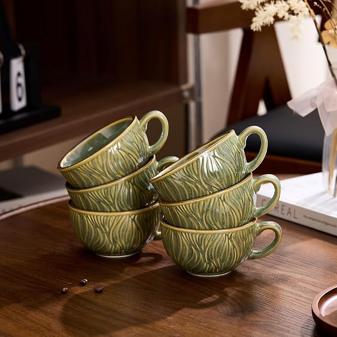 Coffeezone Set of 6 Vintage Design 12 oz Professional Barista Ceramic Latte Art Cappuccino Cups Set (Wave Green)