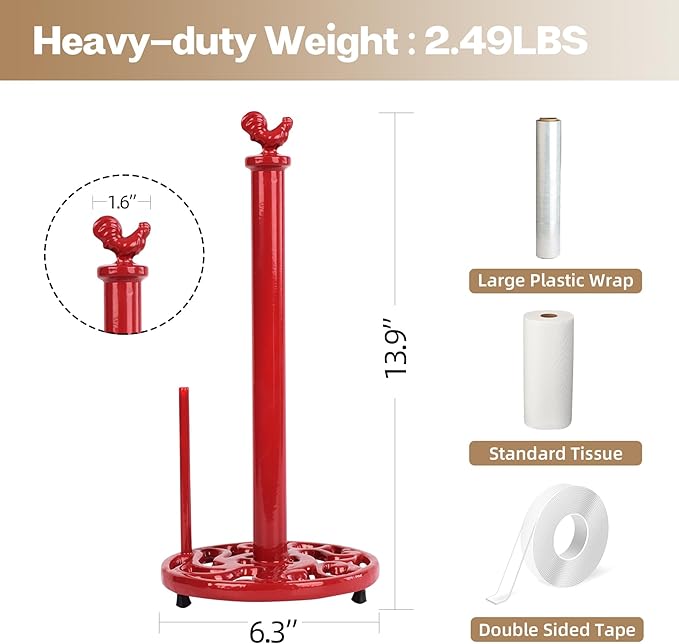 Vintage Red Rooster Cast Iron Paper Towel Holder for Kitchen Countertop - Farmhouse Decor Freestanding Dispenser with Heavy Base, Fits Jumbo Rolls, Easy One-Handed Tear