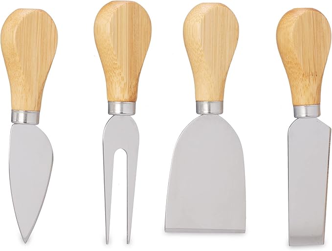 Relaxdays Cheese Board with Cheese Knife Set, HD 4 x 33 cm, Swivel Cheese Plate, 4 Piece Cheese Cutlery, Bamboo & Stainless Steel, Natural