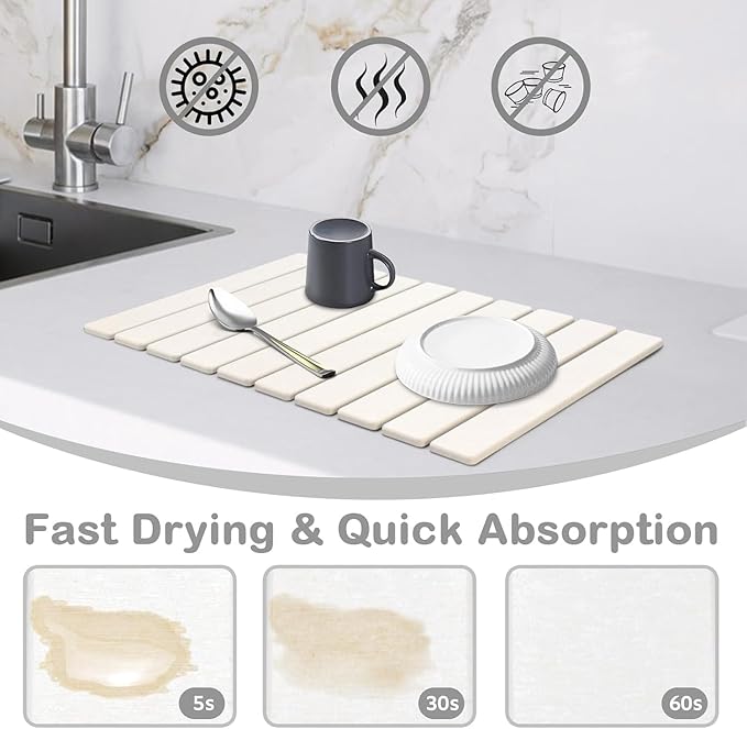 2 PCS Large Stone Dish Drying Mat for Kitchen Counter, 24"×16" Dish Drying Mat with 8"x 4" Coasters, Non - Slip Collapsible Absorbent Mat for Multi - Purpose, Match Any Countertop【White】