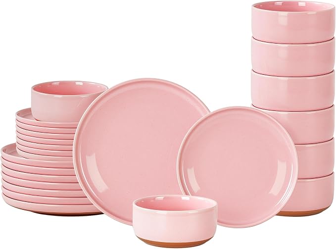 GZG Modern Art Series - 24 Pcs Speckled Stoneware Plates and Bowls Sets, Ceramic Dinnerware Set with Rustic Terracotta Underside, Microwave and Dishwasher Safe Handcrafted Dishes Set - Blush Pink