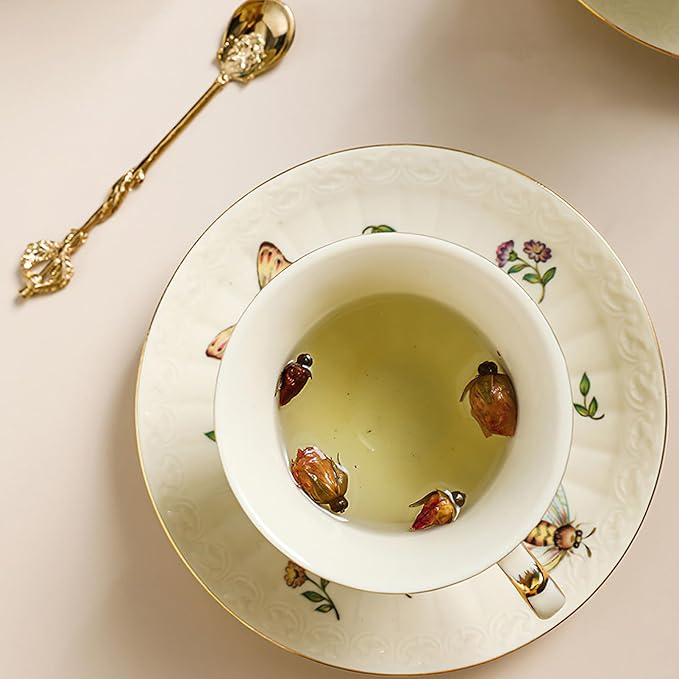 Porcelain Tea Cup and Saucer Set, 8.5 oz/250 ml Ceramic Coffee Mug with Saucer and Spoon, Vintage Coffee Cup with Gold Trim for Mom Women Mother's Day, Butterfly Pattern