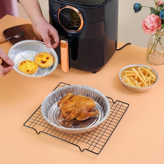 Non-Stick Round Disposable Air Fryer Aluminum Foil Liners 50PCS, Oil-Proof Aluminum Foil Tin Box Also for Steamer Basket Instant Pot Oven & Grill (8 Inch)