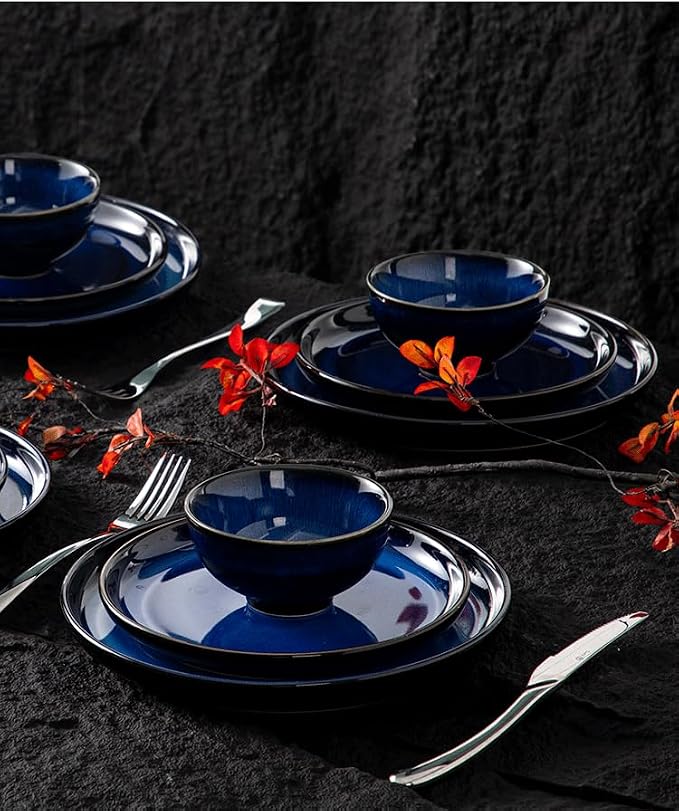 4-piece set, ceramic, natural active glaze plate and bowl set, microwave and dishwasher compatible tableware set, shatterproof and scratch resistant dinner set, irregular edge design, blue