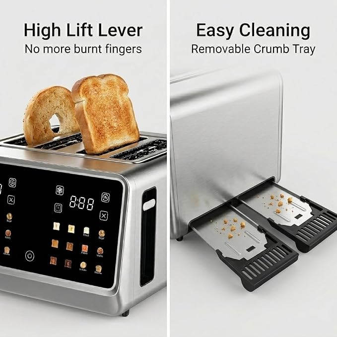 4 Slice Touch Screen Toaster with LCD Display Stainless Steel Digital Toasters 6 Bread Types& 6 Shade Settings Smart Extra Wide Slots Toaster With Bagel Cancel Defrost Reheat Functions
