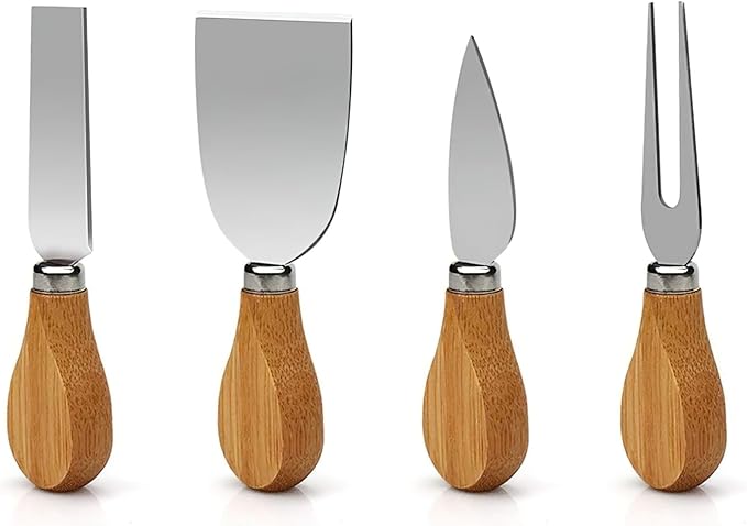 Bamboo Cheese Board Set with Cutlery, Foldable Charcuterie Board with Ceramic Bowls and Knife Set, Portable Serving Tray for Cheese, Steak, Pizza (Round with Knife and Fork)