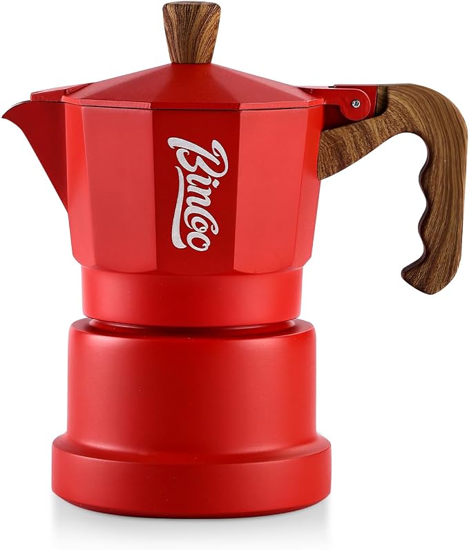Bincoo Three-valve Espresso Maker Stovetop,2 Cups Camping Moka Pot Espresso Italian Coffee Maker,Rich Crema,Easy to Use (Red)