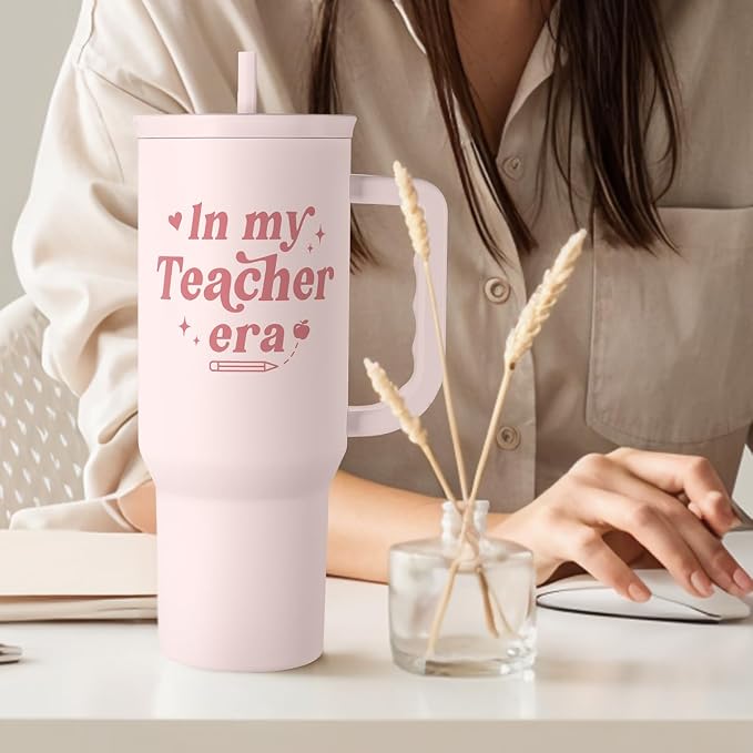 SANDJEST Teacher Gift – Stainless Steel Insulated Tumbler with Handle - Cool Teacher Club Travel Coffee Mug Cup for Women Back to School Birthday Christmas Teacher's Appreciation, 40oz
