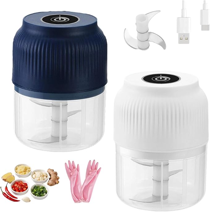Household Electric Garlic Crusher, Electric Garlic Chopper, Usb Rechargeable Chopper With Stainless Steel Blades, One-Touch Mini Kitchen Helper, Easy To Clean, For Vegetables (White + Blue, 3 blades)