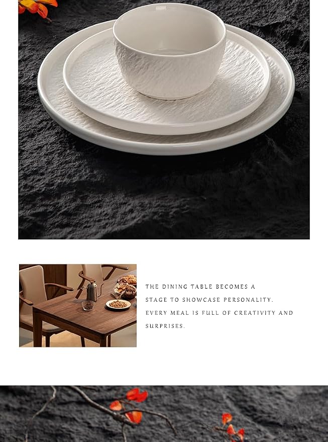 4-piece set, ceramic, embossed stone design plate and bowl set, microwave and dishwasher compatible tableware set, shatterproof and scratch resistant dinner set, irregular edge design, white