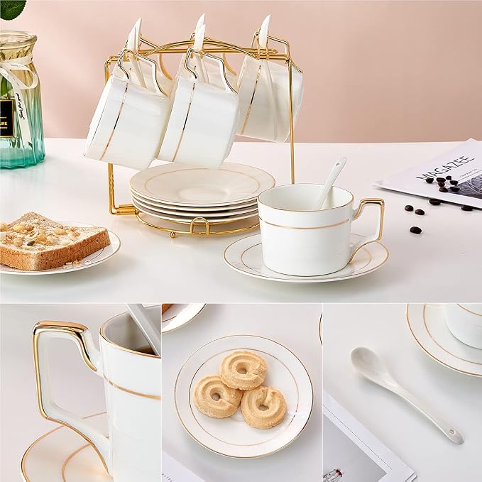 Porcelain Tea Cups and Saucers Set, 6oz Tea Cups with Gold Trim, White Coffee Cups & Mugs Set of 6 with Stand for Cappuccino, Latte, Americano, Tea, Demitasse Cups