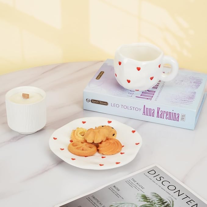Koythin Ceramic Coffee Mug with Saucer, Cute Red Heart Cup for Women for Office and Home, Couple Cups for Girlfriends, 10 oz/300 ml for Latte Tea Milk (Small Red Heart)