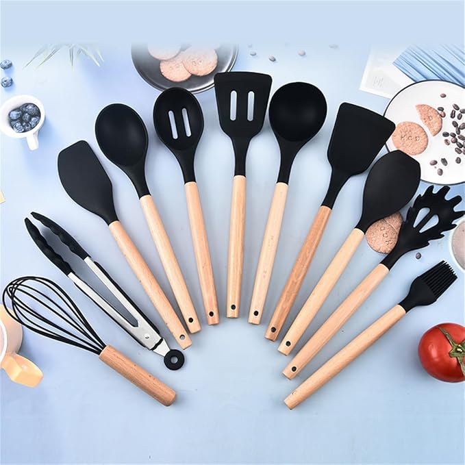 19 Pieces Kitchen Utensil and Knife Set with Storage, with 11 Piece Silicone Cooking Utensils Set 5 ieces Sharp Stainless Steel Chef Knives Scissors Whisk Tongs and Cutting Board, Black