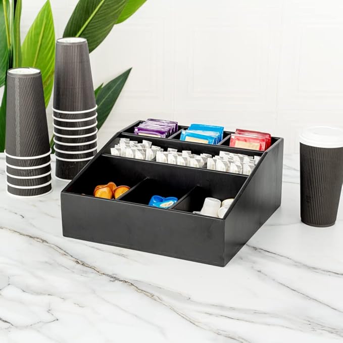 Restaurantware-11.75 x 5.5 Inch Coffee Condiment Organizer, 1 Square Creamer Organizer - 9 Compartments, Break-Resistant, Black Bamboo Coffee Accessory Caddy, Won't Chip, For Sugar Packets & Creamers
