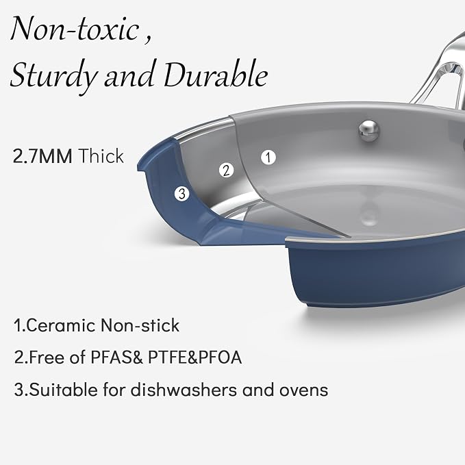 10-Piece Blue Ceramic Nonstick Cookware Set, Pots and Pans with Glass Lids & Anti-Scald Handles, Non-Toxic PFAS Free, Dishwasher & Oven Safe up to 480°F, Induction & All Stoves Ready