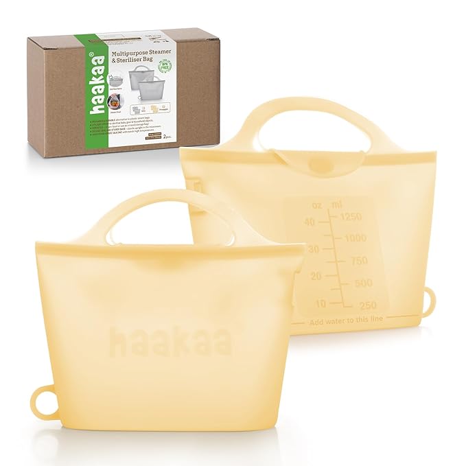 Haakaa On-The-Go Silicone Microwave Steam Sterilizer Bags for Travel, 40oz/1250ml Reusable Silicone Steaming Bags for Baby Bottles, Breast Pump, Accessories, Pacifiers, Teethers, Pineapple/2PCS