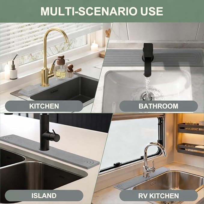 Meiliweser Faucet Mat for Kitchen Sink, Diatomite Quick Drying Stone Mat & Sink Protector, 15.8" x 4" Kitchen Sink Splash Guard, Absorbing Stone Tray for Bathroom Counter (Dark Gray)