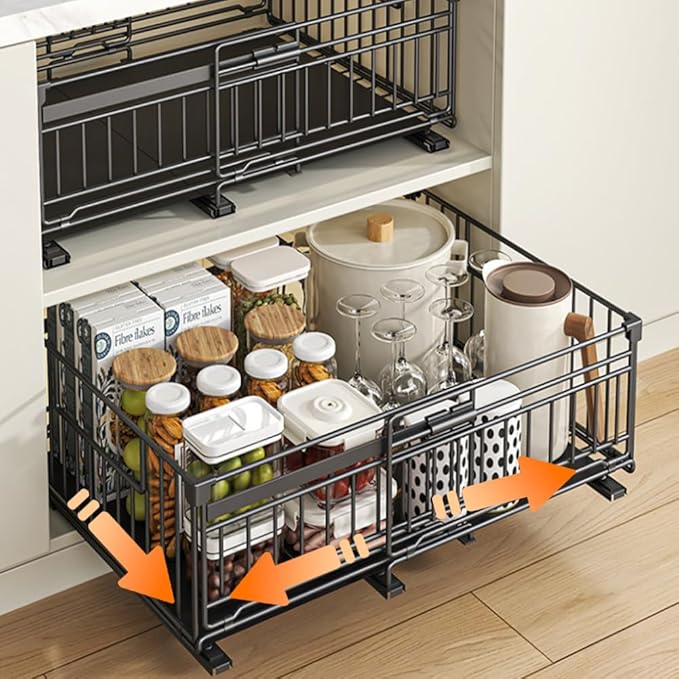 Expandable Pull Out Cabinet Organiser, No Drill Adhesive Slide Out Kitchen Drawer Shelf Durable Metal for Under Sink, Cupboard, Pantry, Adjustable Width (12.8"-19.7") (Style B Black, 2 Pack)