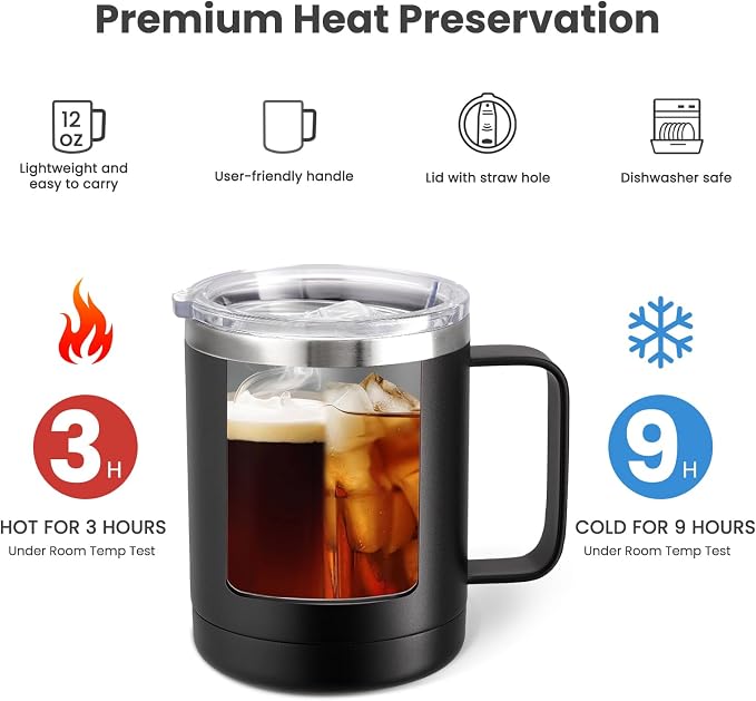 MEWAY 12oz Coffee Mug With Handle 2 Pack Bulk,Stainless Steel Insulated Travel Tumblers With Sliding Lid,Double Wall Vacuum Camping Cup for Hot & Cold Drinks Tea (Black,Set of 2)