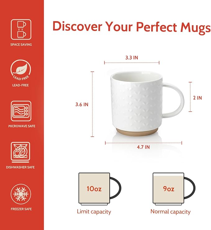 Sweese Stackable Coffee Mugs Set of 4, 10 oz Porcelain Coffee Cups with Embossed Design, White Cappuccino Cups for Coffee, Latte
