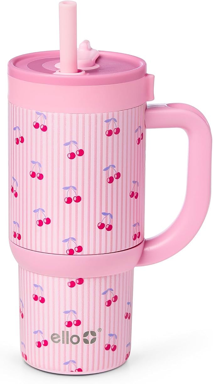 Ello Oasis 14oz Stainless Steel Toddler Tumbler with Handle & Retracting Straw, 100% Leakproof, Double-Wall Vacuum Insulated, Kids Water Bottle for School, BPA Free, Dishwasher Safe, Preppy Cherries
