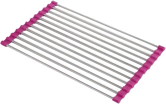 Rollable Dish Drying Rack Roll Up Foldable Dish Racks，Multipurpose Anti-Corrosion 304 Stainless Steel Over Sink Kitchen Sink Drainer Rack for Cups Fruits Vegetables(Pink,28 * 37cm)