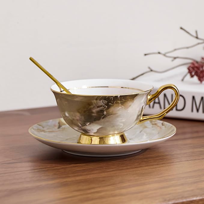 7oz Bone China Coffee Cup Saucer Spoon Set of 2 Iridescent Electro-optic Texture with Gold Rim Elegant Porcelain Tea Coffee Mug Set for Latte Cappuccino Gift for Women Home Wedding