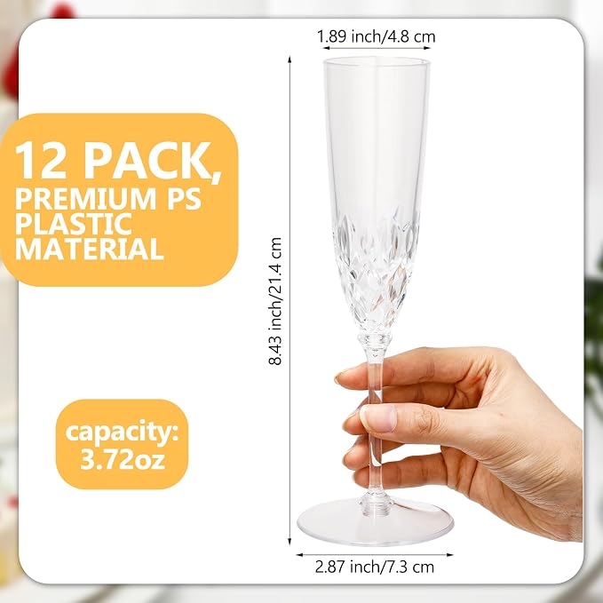 Jingmore 12 Pcs Detachable Plastic Champagne Glasses Flutes Bulk with Stem 3.7 oz Disposable Champagne Flutes Toasting Glasses Cups for Wedding Birthday Party (Transparent)