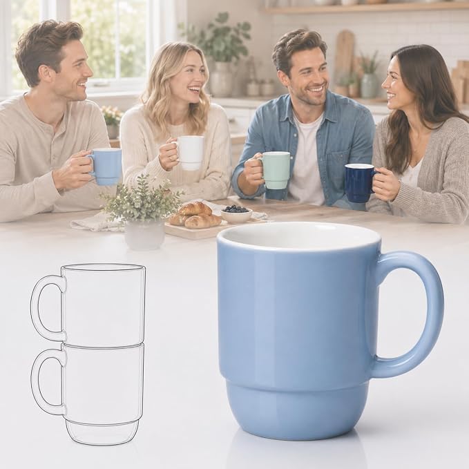 Stackable Porcelain Coffee Mug Set of 4 – 16oz Large Handle, Space-Saving Ceramic Mugs for Kitchen & Coffee Bar, Microwave & Dishwasher Safe • Modern Home Gift