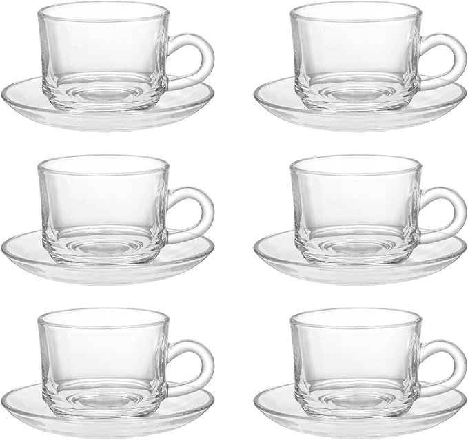 Glass Tea Cups and Saucers Set of 6, Clear Coffee Mugs with Stainless Steel Spoon, Dishwasher & Microwave Safe Teacups for Espresso Cappuccino Latte Tea Juice, 6OZ/180ML
