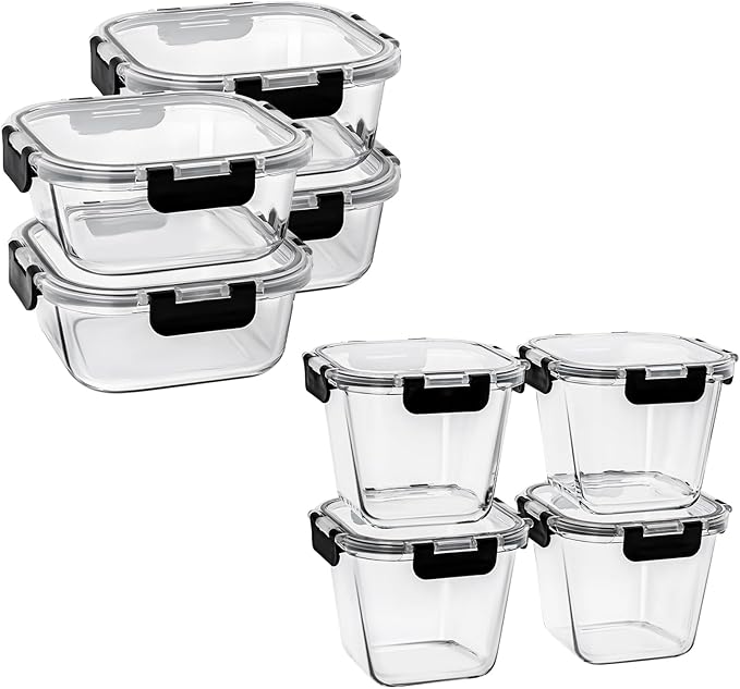 4 Pack 27oz Glass Food Storage Containers with Lids and 4 Pack 32OZ Glass Meal Prep Containers Microwave, Oven, Freezer and Dishwasher, BPA Free