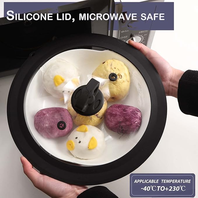 Vented Tempered Glass Universal Lid for Pot Pan Skillet with Heat Resistant Silicone Rim Microwave Splatter Lid Cover Microwave Safe Fit 11.5" 12" 12.5" Cookware, Dishwasher Safe Black