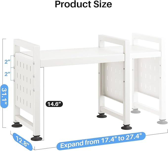Expandable Microwave Stand, 2-Tier Adjustable Microwave Oven Rack with 10 Hooks & 2 Holders, Heavy Duty Carbon Steel Microwave Shelf for Kitchen Counter Organizer and Storage, Holds 120lbs, White