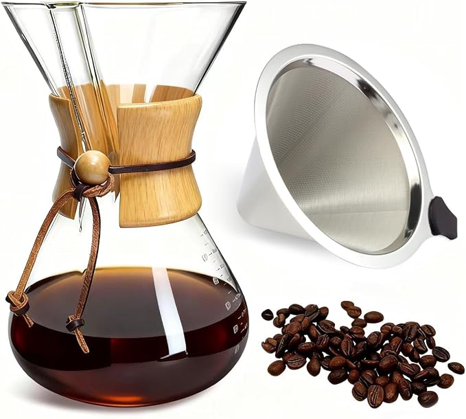 subjectthree Glass Coffee Maker 10 Cup Pour Over Coffee Dripper Set with 304 Stainless Reusable Filter for Camping,Office,Cafes,Home Use(34 Ounce)