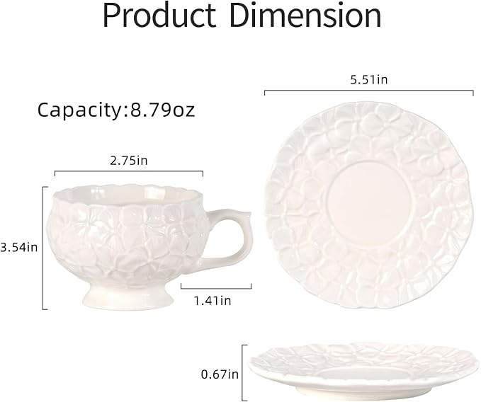 KAMMAK Tea Cups and Saucers Set of 2, Porcelain Coffee Cups, 8.5-Ounce Stackable Espresso Mugs, Ceramic Demitasse for Coffee, Latte, Americano, Tea, White Flower