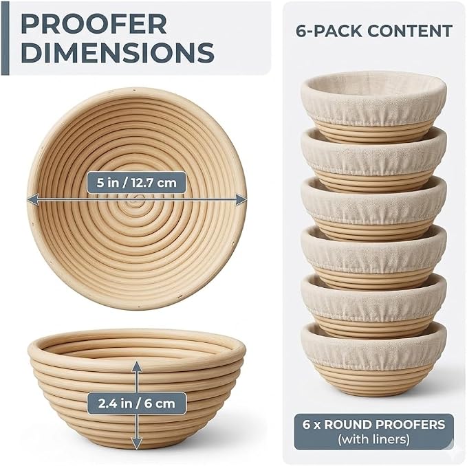 6 Pack Mini Round Banneton Proofing Basket Set 5 Inch, Natural Rattan Small Sourdough Bread Baskets with Linen Liners, Dough Baking Bowls for Professional & Home Bakers