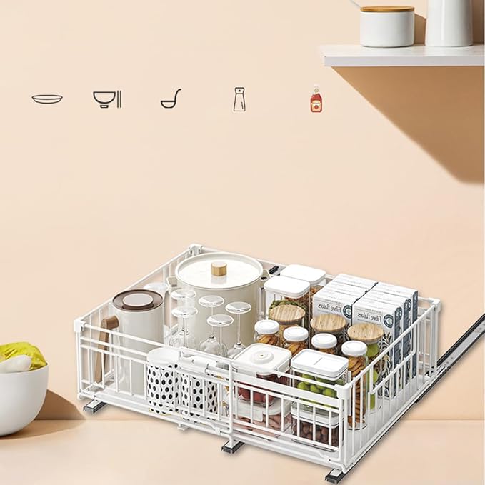 Expandable Pull Out Cabinet Organiser, No Drill Adhesive Slide Out Kitchen Drawer Shelf Durable Metal for Under Sink, Cupboard, Pantry, Adjustable Width (12.8"-19.7") (Style B White, 2 Pack)