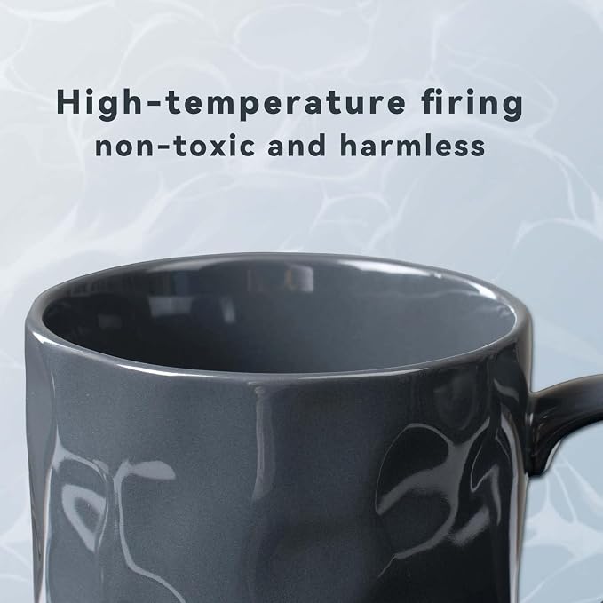 Porcelain Coffee Mugs, Set of 6, 12oz, Dark Blue, White, Grey | Hand-Pinch Textured Ceramic, Microwave & Dishwasher Safe, Non-Toxic, Stylish Gift