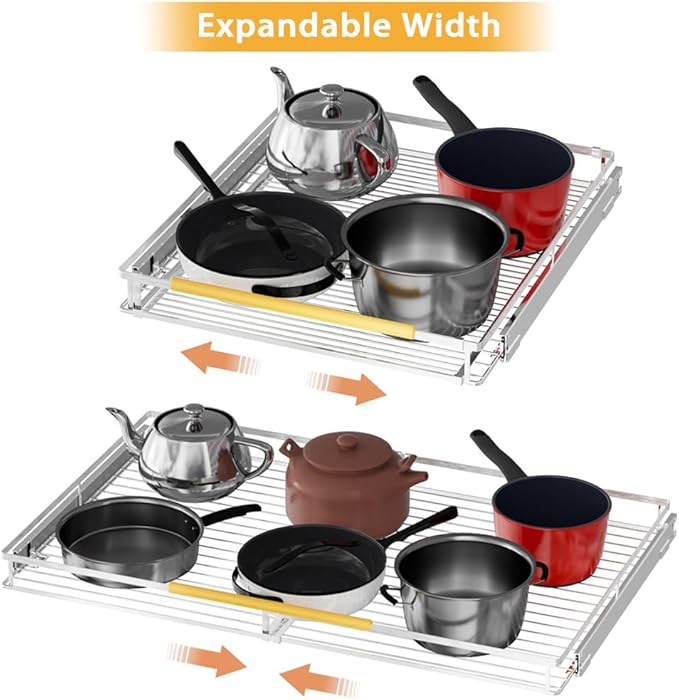 SANNO Pull Out Cabinet Organizer, Slide Out Kitchen Cabinet Storage Sliding Shelves, Bottom-Mounted,Expandable Slide Out Shelves for Home, Kitchen, Bathroom, Pantry, Closet(1pack)