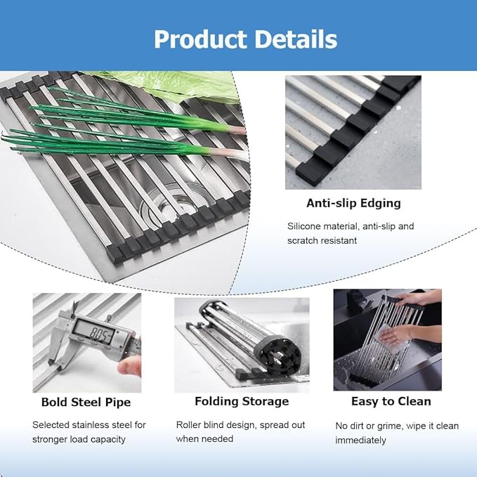 Roll Up Over The Sink Dish Drying Rack, 32-60CM Multipurpose Foldable Sink Cutting Board Dish Rack Mat for Kitchen Counter RV Camper Accessories Travel Trailer(Gray,L 46cm/18.1in)