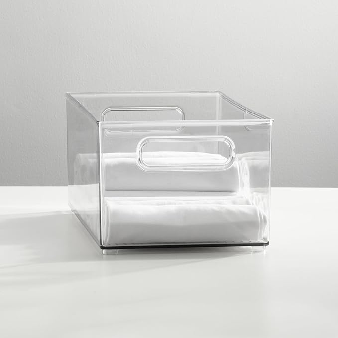 mDesign Deep Plastic Storage Organizer Container Bin, Closet Organization for Hallway, Bedroom, Linen, Coat, and Entryway - Holds Clothing, Blankets, Accessories, Toys, Ligne Collection, 4 Pack, Clear
