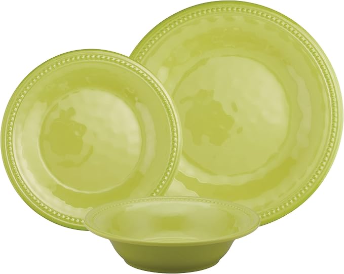 UPware 12 Piece Beaded Melamine Dinnerware Sets, Outdoor Dishes Set, Plates and Bowls Sets, Service for 4, Green