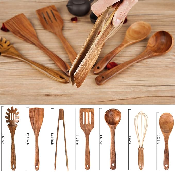 Wooden Utensil for Cooking, Wood Kitchen Utensils Cooking Set Teak Wood Spoons set for Cooking,Spatulas Non-Stick for Cookware Kitchen Spoon (7)