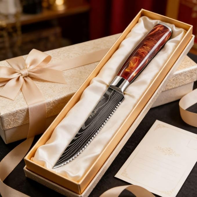 6-Piece Premium Japanese Kitchen Knife Set - Star Collection, Laser Damascus Pattern, 440A Stainless Steel Ultra Sharp for Fast Cutting (Red 6SK)