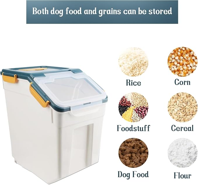 50LB Large Flour Storage Container Bin,2 Pack Airtight Plastic with Wheels Seal Locking Lid Dispenser Organizer Bin with Measuring Cup & Scoop for Flour, Rice, Grain 100LBS Total Capacity(Blue)